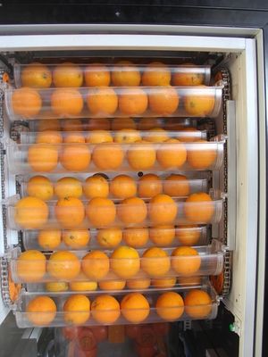 冷たい冷却装置新たに絞られたオレンジ ジュースの自動販売機の長い生命時間